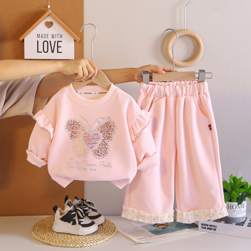 Baby Girl Spring and Outfit Set 2026 New Fashionable Girls' Rhinestone Cute Butterfly Two-Piece Autumn Clothes Trendy