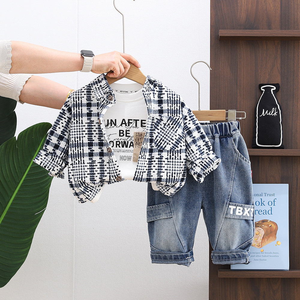 Baby clothes spring, stylish fashionable casual polka dot plaid shirt jacket set for one-year-old boys, spring and autumn wear