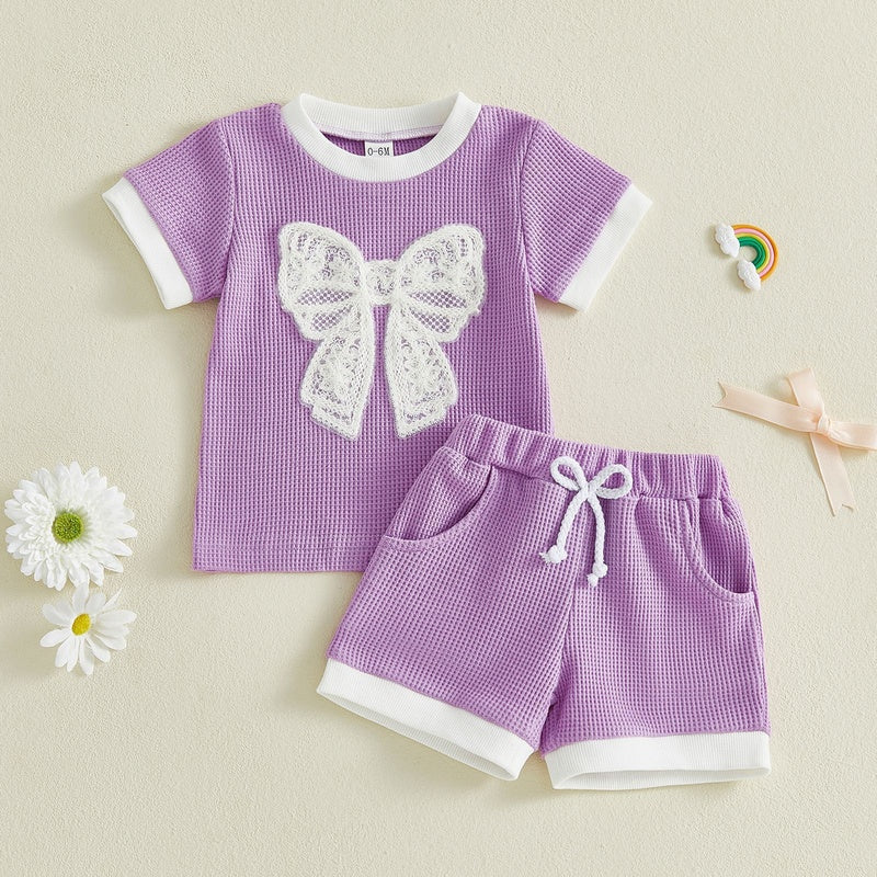 New foreign trade girls' outfit 2026 summer lace bow short-sleeve shorts simple two-piece set
