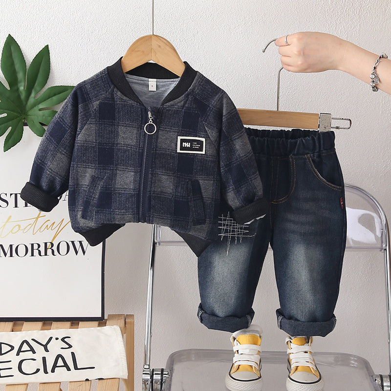 Boys' Outfit 2026 New Style Baby Boy Spring and Autumn Plaid Stand Collar Jacket Two-Piece Set Trendy