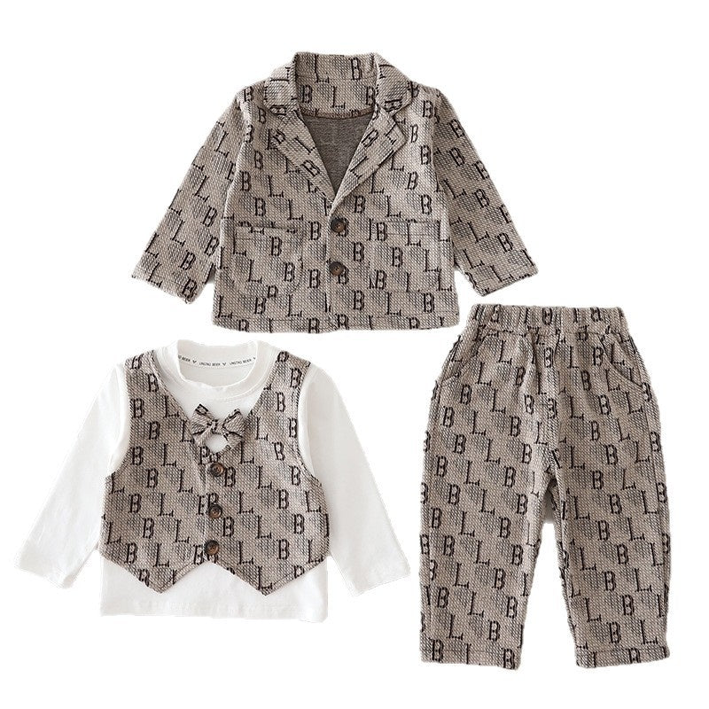 Boys' 2026 New Cool Stylish Children's Korean Version Full Letter Print Three-Piece Suit for Toddlers Spring and Autumn Trend