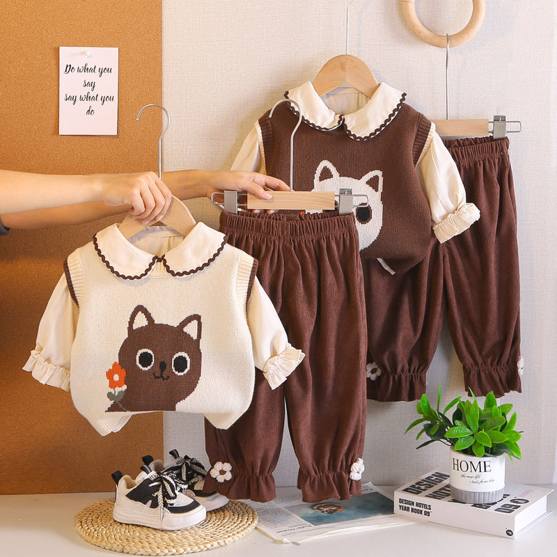 Boys' Spring Outfit 2026 New Children's Spring-Autumn Cat Sweater Three-Piece Set Stylish Baby Autumn Clothes