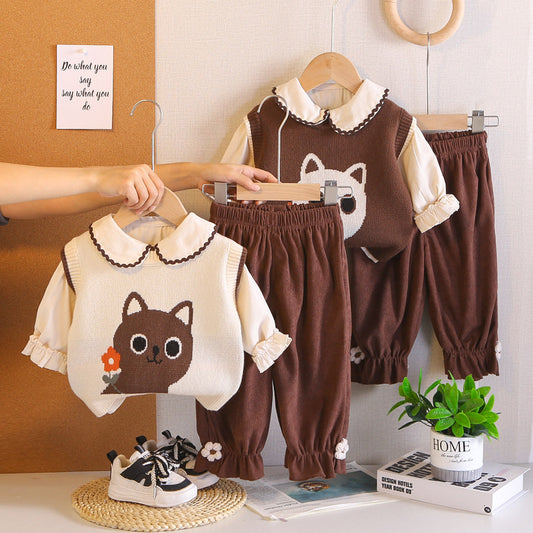 Boys' Spring Outfit 2026 New Children's Spring-Autumn Cat Sweater Three-Piece Set Stylish Baby Autumn Clothes