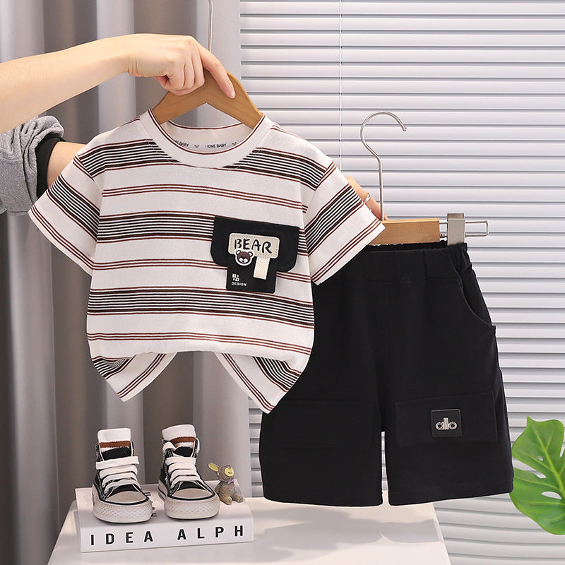 Boys' Summer Outfit 2026 New Style: Toddler Striped Short Sleeve Shirt with Pocket Shorts Two-Piece Set, Trendy and Stylish for Babies