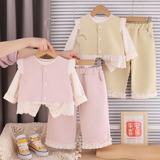 Stylish Spring and Autumn Outfit for Girls, 2026 New Korean Fashionable Baby Girl Lace Vest Three-Piece Set