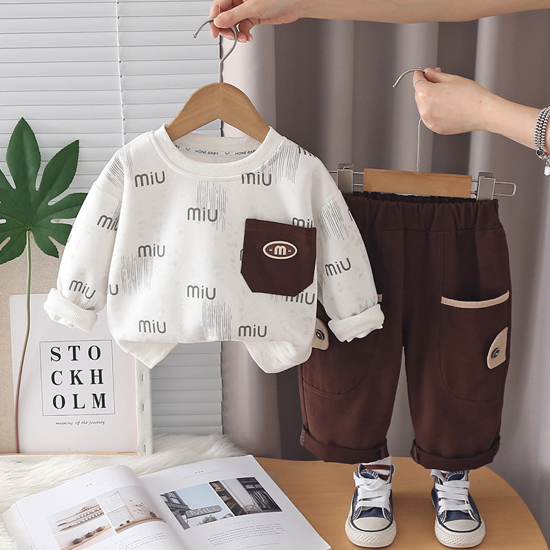 Boys' Spring and Outfit 2026 New Fashionable Casual Clothes for Children Baby Autumn Letter Sweatshirt Two-Piece Set Trendy
