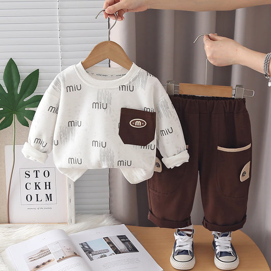 Boys' Spring and Outfit 2026 New Fashionable Casual Clothes for Children Baby Autumn Letter Sweatshirt Two-Piece Set Trendy