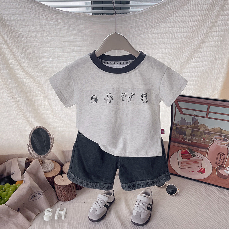 Boys' Solid Color Puppy Print Short Sleeve Set New Children's Round Neck Cool and Stylish Baby Summer Two-Piece Outfit