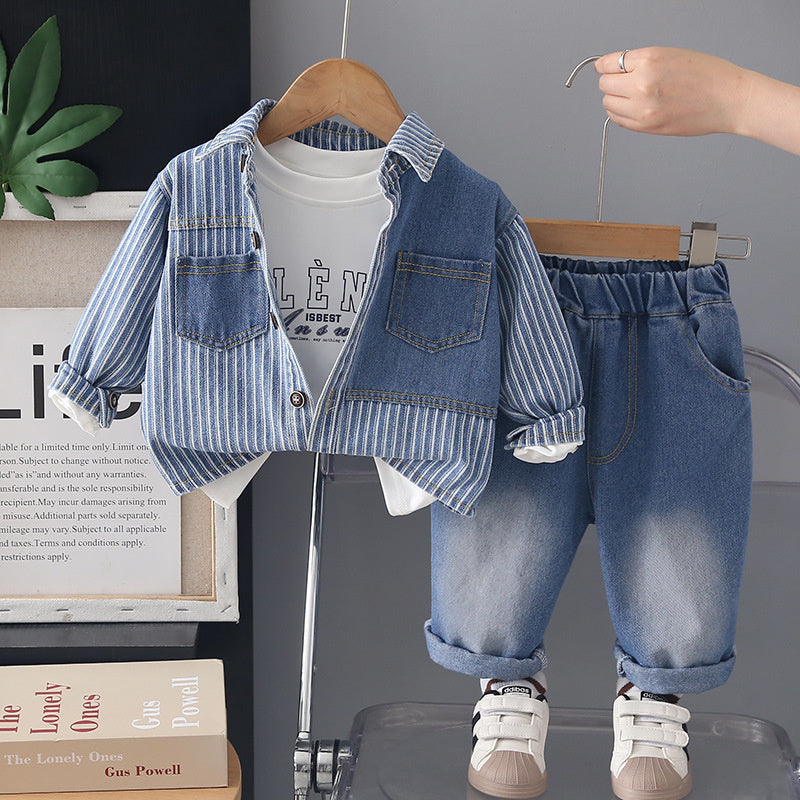 Boys' Spring Denim Vertical Stripe Patchwork Jacket 2026 Autumn New Korean Style Cool and Stylish Baby Boy Three-Piece Set