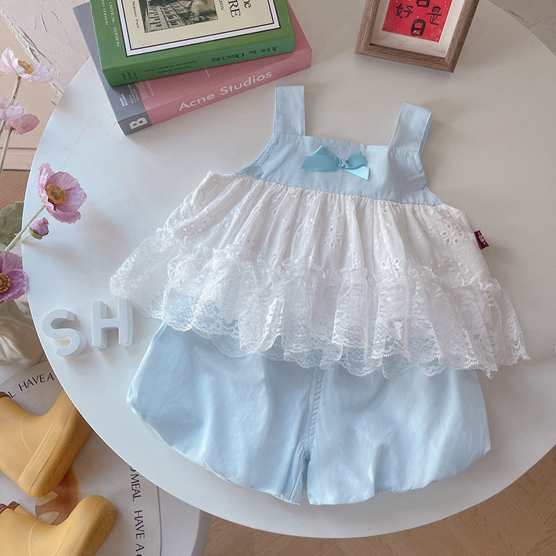 Girls' Sleeveless Square Neck Lace Dress Set 2026 New Style Baby Girl Clothes Children's Summer Two-Piece Outfit