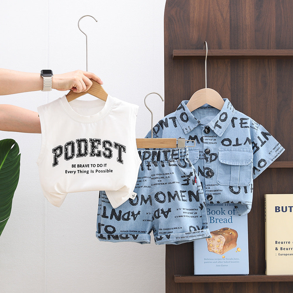 Boys' Summer Set 2026 New Stylish Baby Clothes Full-Print Letter Denim Short-Sleeve Three-Piece Trendy Outfit