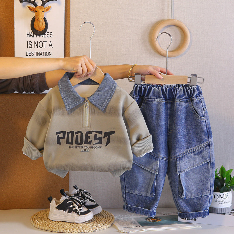 Boys' Outfit 2026 New Stylish Half-Zip Sweatshirt Set Baby Spring Fashionable and Trendy Infant Children's Clothing