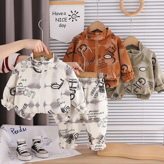 Boys' Outfit 2026 New Fashionable Baby Full-Print Zipper Long-Sleeve Two-Piece Set for Children in Spring and Autumn