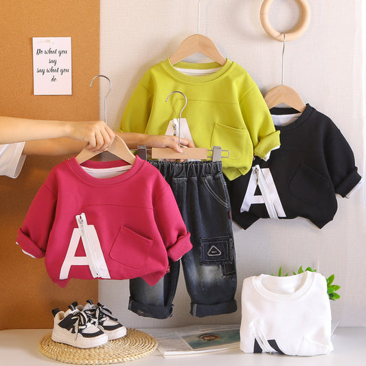 Boys' Spring and Autumn Casual Outfit 2026 Fashionable Baby Large Letter Zipper Sweatshirt New Two-Piece Set