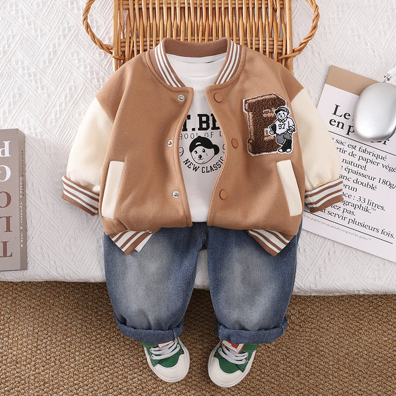 2025 New Little Boys' Spring and Children's Autumn Outfit Towel Embroidered Baseball Jacket Three-Piece Set