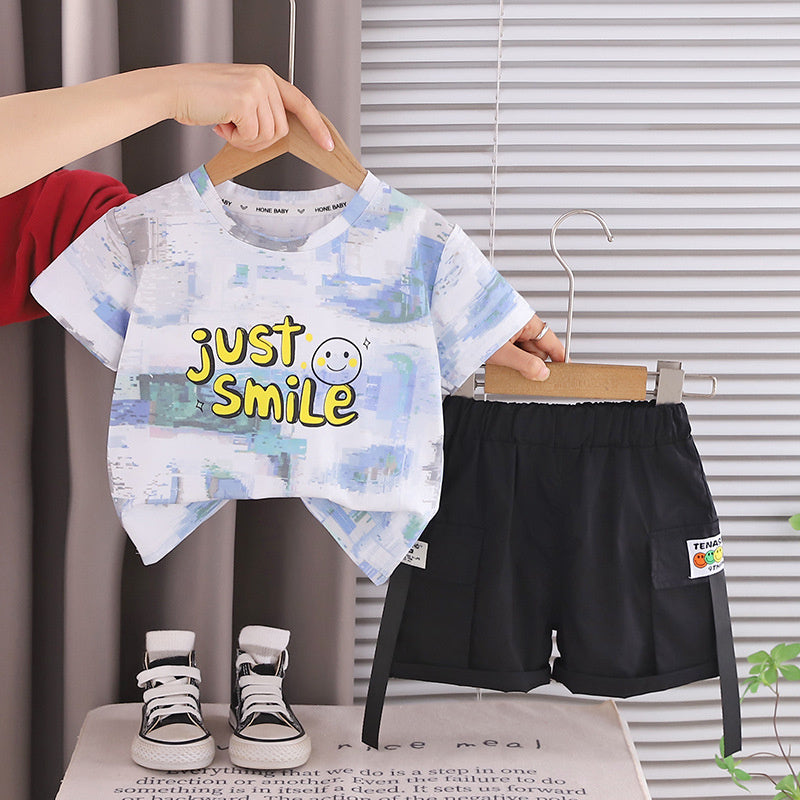 Boys' Outfit 2026: Stylish Baby Round Neck Short Sleeve Fashionable Summer Thin Smiley Face Graffiti Two-Piece Set Trendy