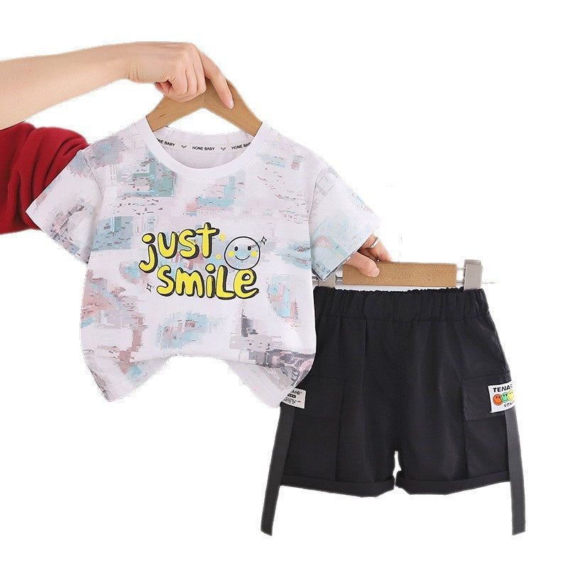 Boys' Outfit 2026: Stylish Baby Round Neck Short Sleeve Fashionable Summer Thin Smiley Face Graffiti Two-Piece Set Trendy