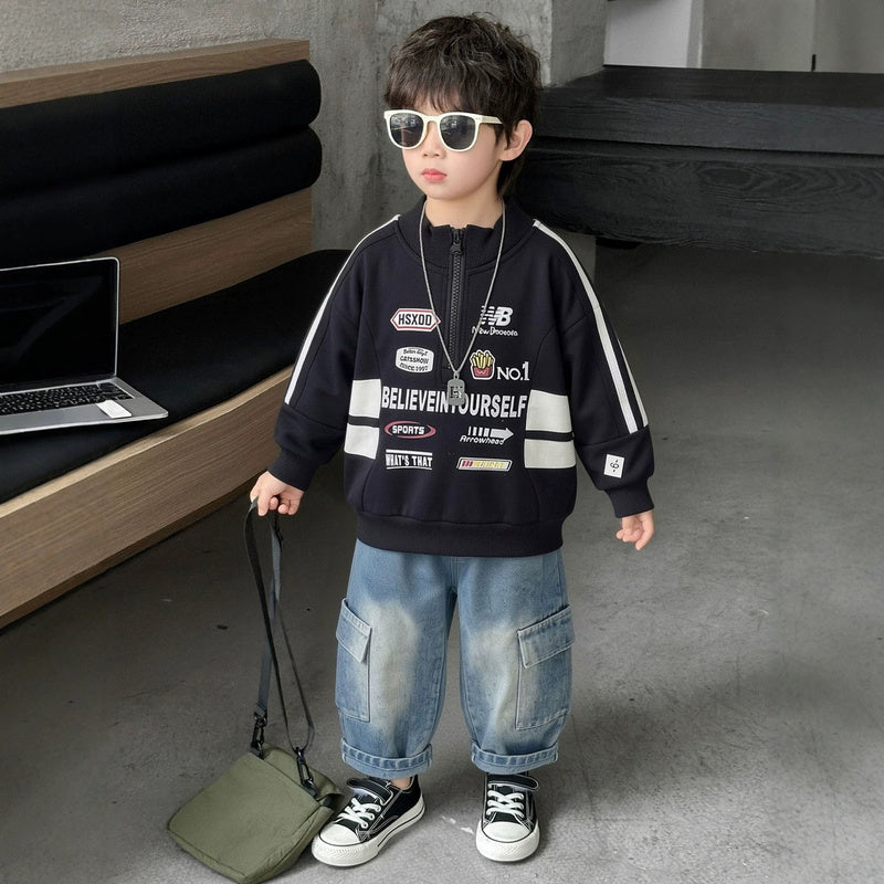 Boys' sports suit spring autumn, motorcycle-style half-zip sweatshirt, long-sleeve casual two-piece set, cool stylish autumn outfit for infants and toddlers