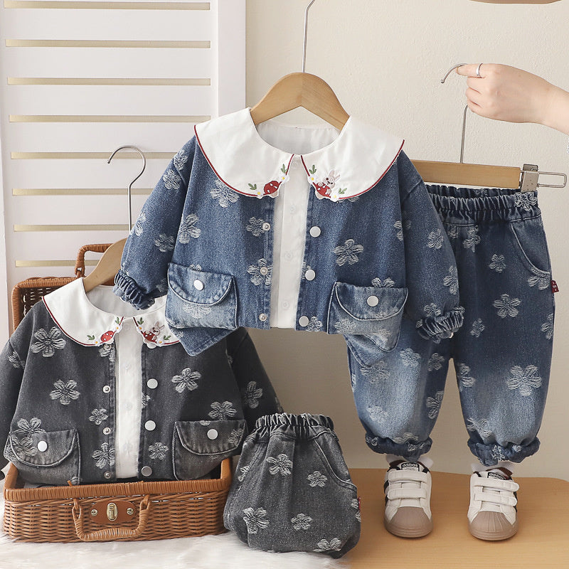 Girls' Spring and Autumn Petal Denim Outfit 2026 New Fashionable Korean Style Three-Piece Set for Young Girls