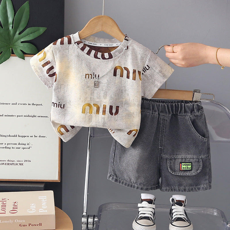 Boys' clothing for ages 1-4, 2-year-old infants' clothing, 3-year-old boy's necklace short-sleeve set, 5-year-old summer two-piece outfit
