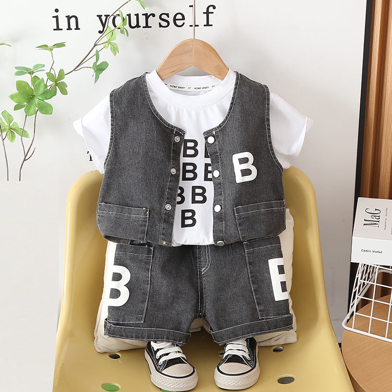 Boys' 2026 New Stylish Outfit Infant Children's Short-Sleeve Denim Vest Three-Piece Summer Set Baby Clothes