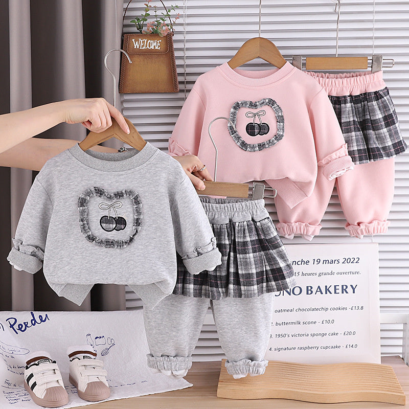 Baby Autumn Outfit Stylish Casual 1-5 Years Old Girl Cherry Sweatshirt Two-Piece Set Children's Clothing Spring