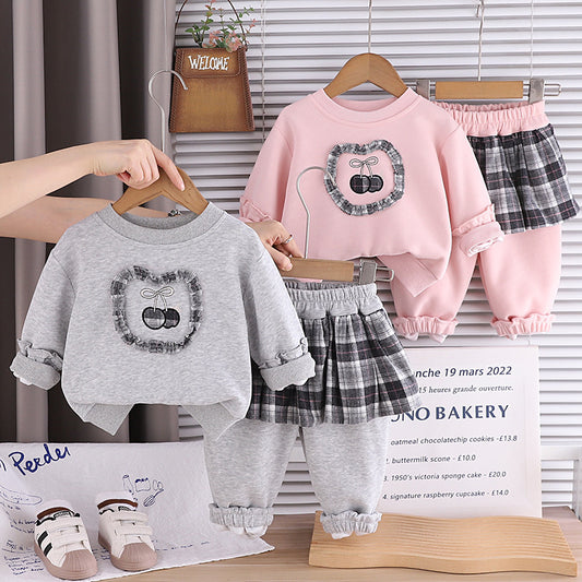 Baby Autumn Outfit Stylish Casual 1-5 Years Old Girl Cherry Sweatshirt Two-Piece Set Children's Clothing Spring