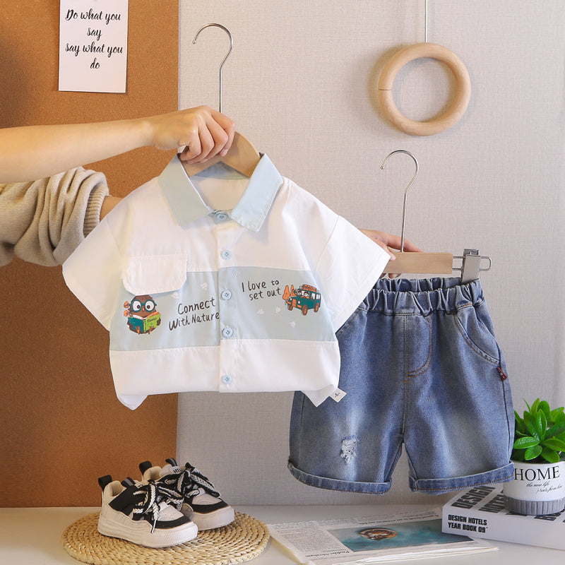Boys' Summer Outfit 2026 New Fashionable Printed Cartoon Short-Sleeve Shirt Shorts Two-Piece Set for Infants and Children