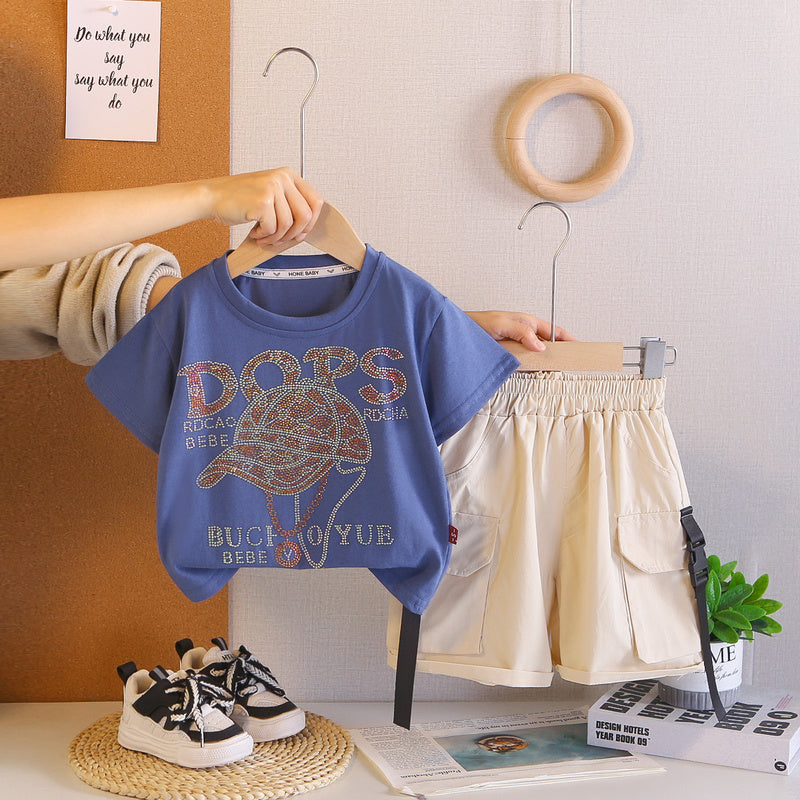 2026 Foreign Trade Summer Round Neck Rhinestone Children's Printed Thin T-shirt and Denim Two-piece Set Wholesale 3