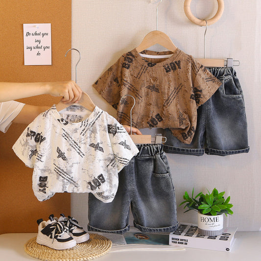 Baby Boy Outfit 2026 New Stylish Ripped Short-Sleeve Two-Piece Set for Boys, Infant Summer Casual Children's Clothing