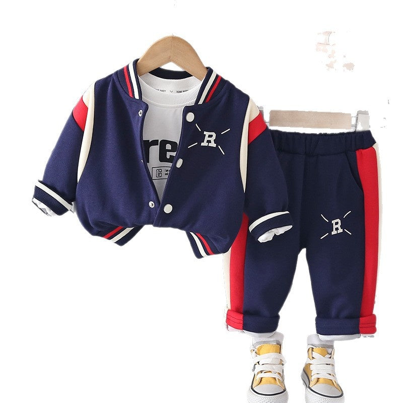 Children's Boys' and Autumn Clothing 2026 New Spring Fashionable Sporty Letter Baseball Outfit Three-Piece Set