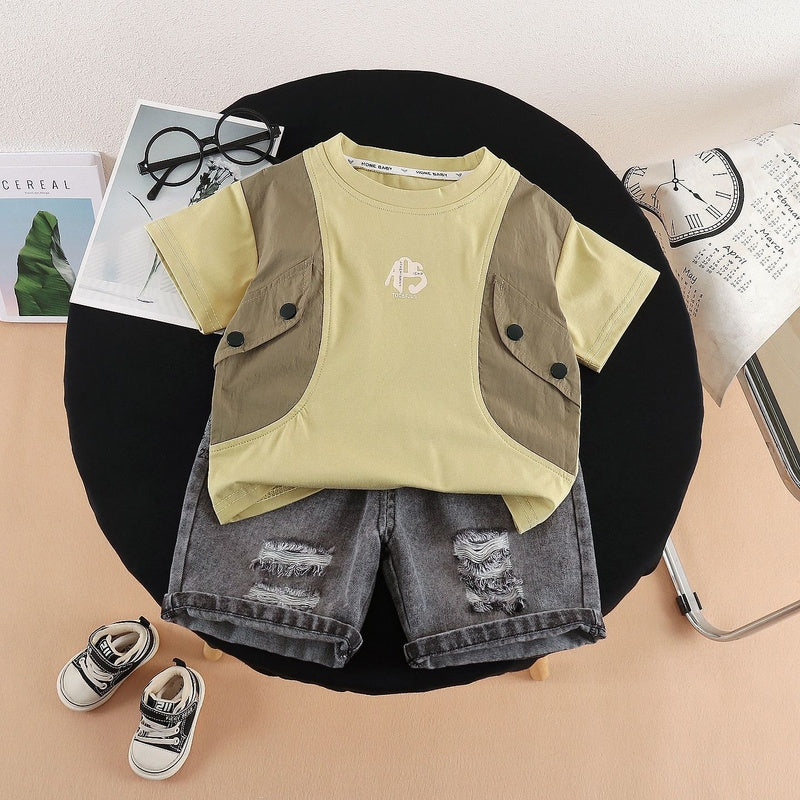 Summer Outfit 2026 New Style Toddler Double-Button Faux Pocket Short-Sleeve Two-Piece Set for Boys Stylish Children's Clothing