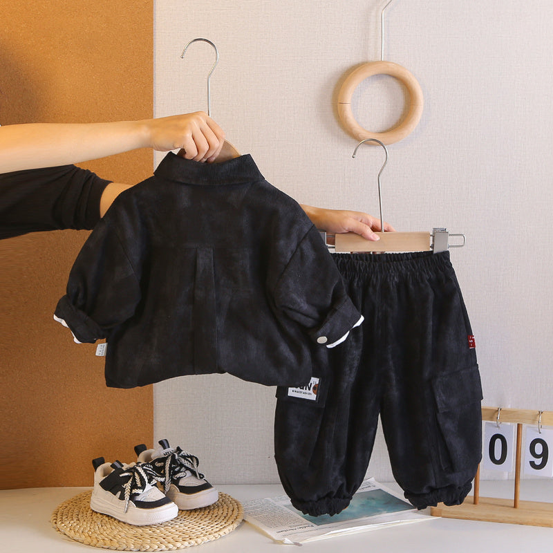 Boys' Autumn Outfit New Fashionable Infant and Children's Clothing Stylish Baby Outerwear Spring Corduroy Shirt Three-Piece Set