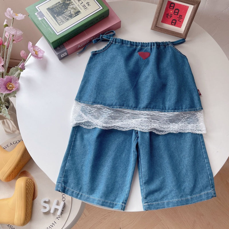 Girls' outfit new stylish toddler baby drawstring suspender denim shorts two-piece thin summer set