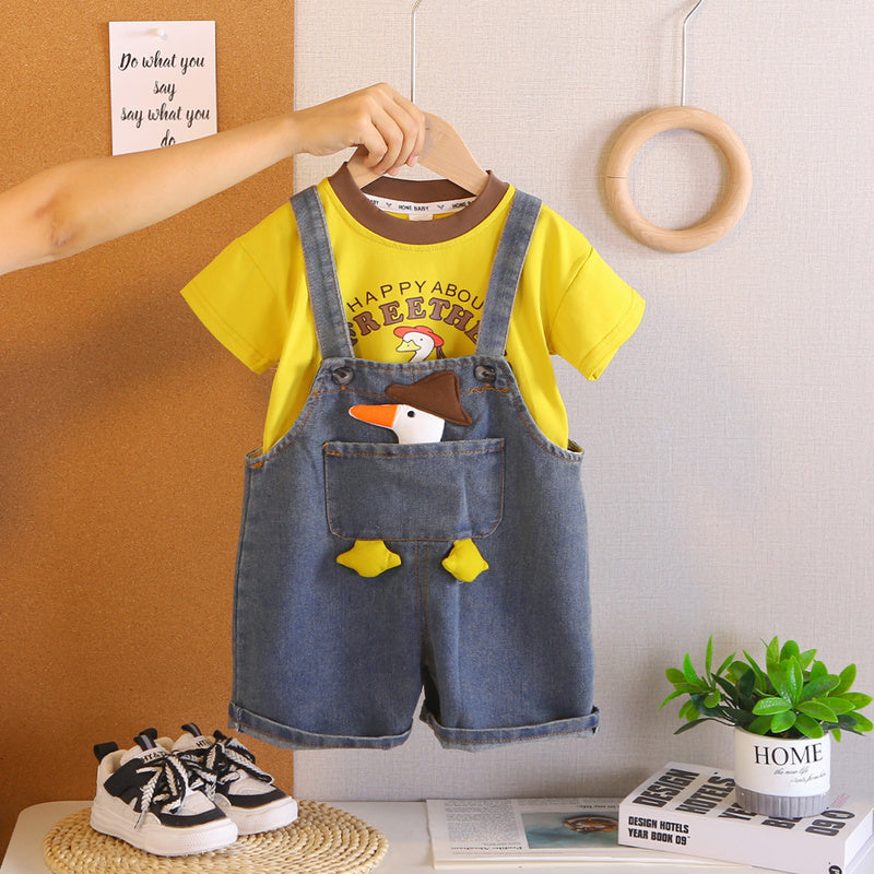 Boys' Summer Outfit 2026 New Fashionable Baby Duck Denim Overalls Short Sleeve Two-Piece Set for Toddlers