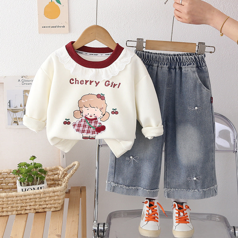Baby clothes spring, cute sweet lace sweatshirt two-piece set for 10-month to 1-year-old little girls, spring and autumn outfit