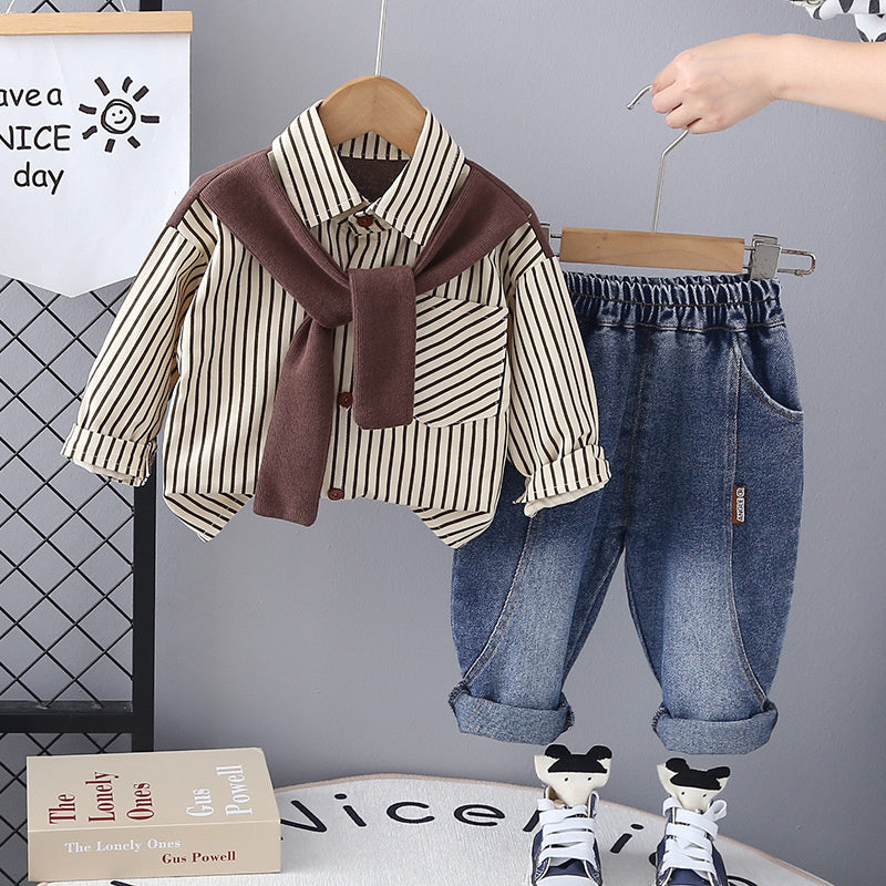 Baby Clothes Spring and Scarf Shirt Set for Boys Stylish Children's One-Year-Old Boy Autumn Outfit Handsome Outdoor Trendy