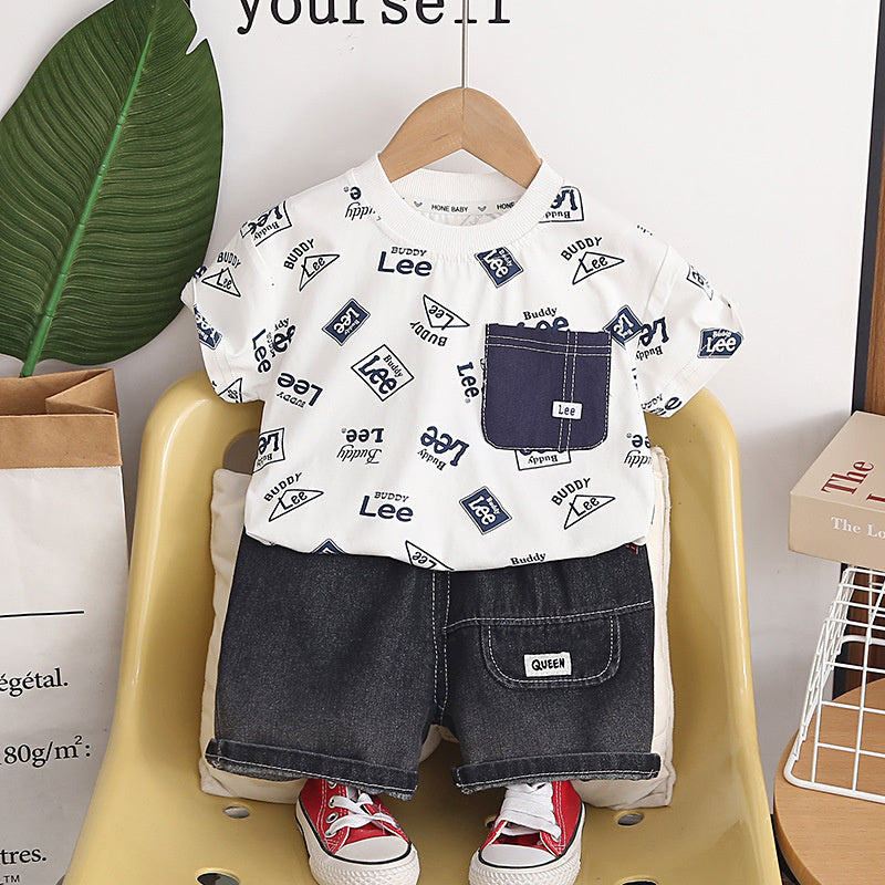 Children's clothing boys' summer outfit 2026 new stylish pocket letter short-sleeve baby clothes two-piece set trendy