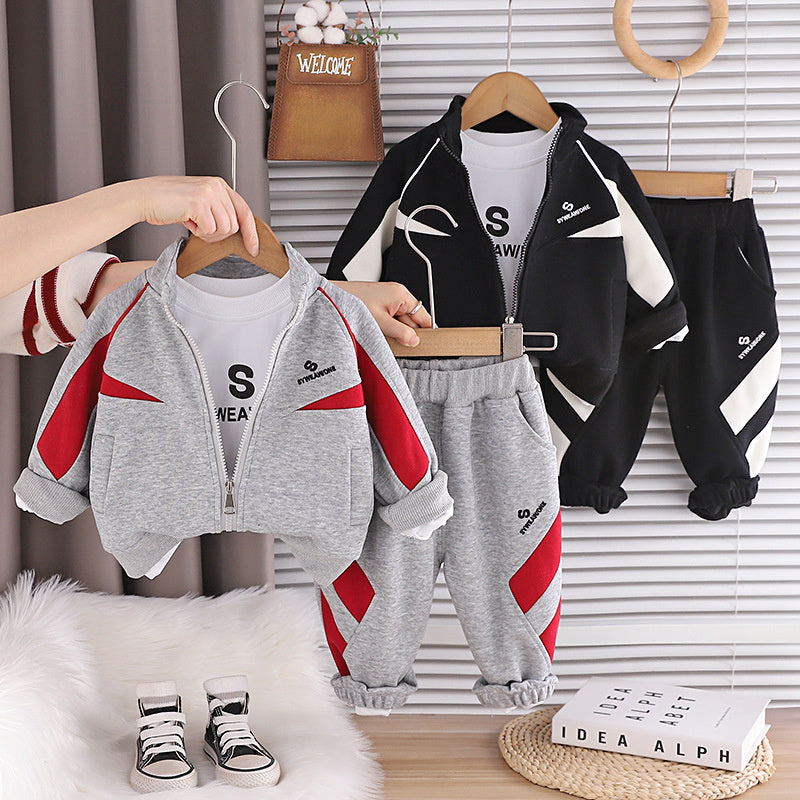 Spring and Autumn Jacket Set, Children's Sports Stand-up Collar Three-piece Set for 1-2-3 Year Old Baby, Casual Boys' Clothing