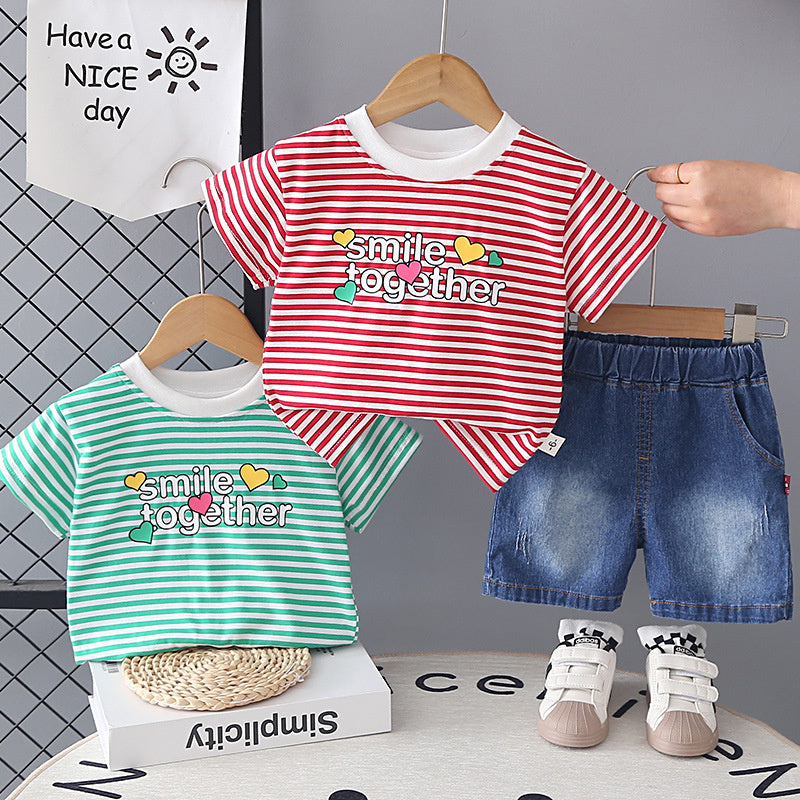 Boys' Short-Sleeve Summer Outfit 2026 New Children's Cartoon Cute Striped Heart Baby Shorts Two-Piece Set Trendy