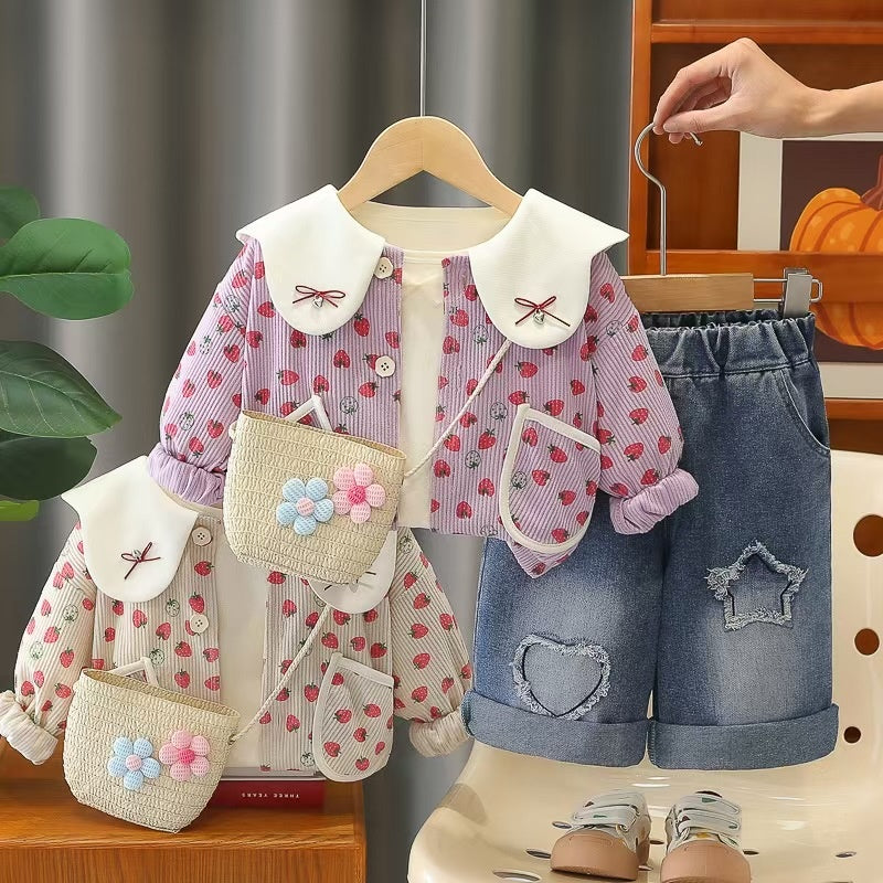 Girls' Spring Outfit Fashionable Stylish Children's Girl Clothes 1-3 Years Old Baby Strawberry Doll Collar Three-Piece Set Trendy