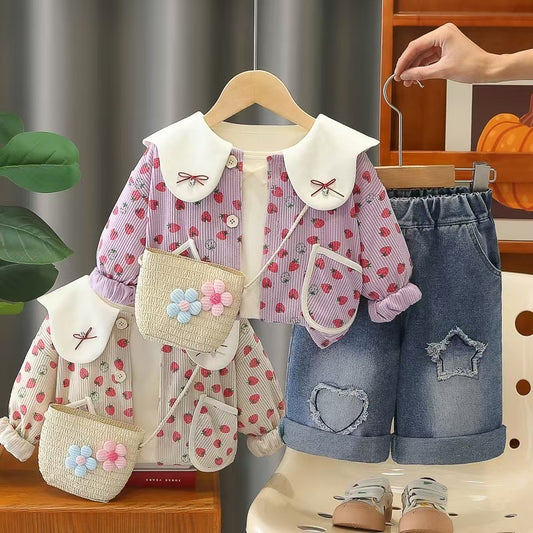 Girls' Spring Outfit Fashionable Stylish Children's Girl Clothes 1-3 Years Old Baby Strawberry Doll Collar Three-Piece Set Trendy