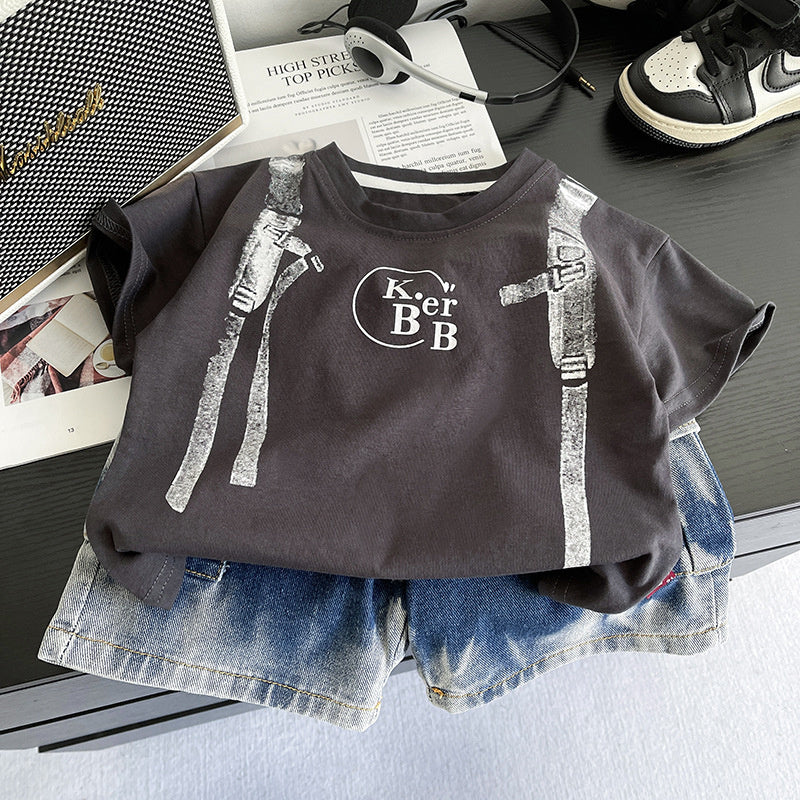 Boys' Outfit 2026 New Style Children's Faux Suspender Short Sleeve Baby Summer Thin Clothing Two-Piece Trendy Set