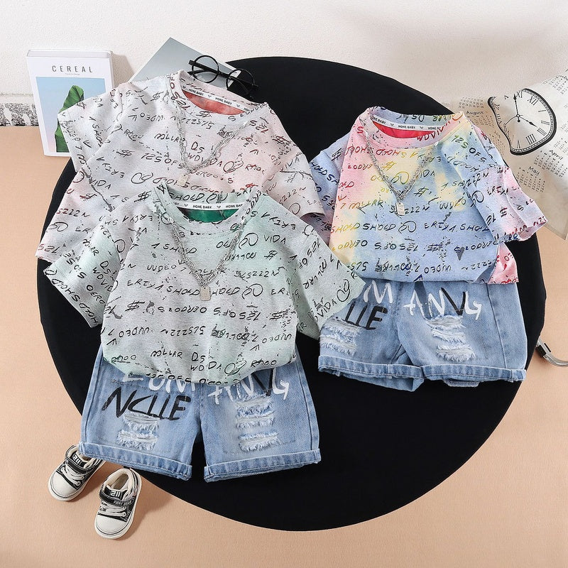 Boys' Short-Sleeve Suit 2026 New Summer Fashionable English Casual Two-Piece Outfit for Baby Boys Children's Clothing