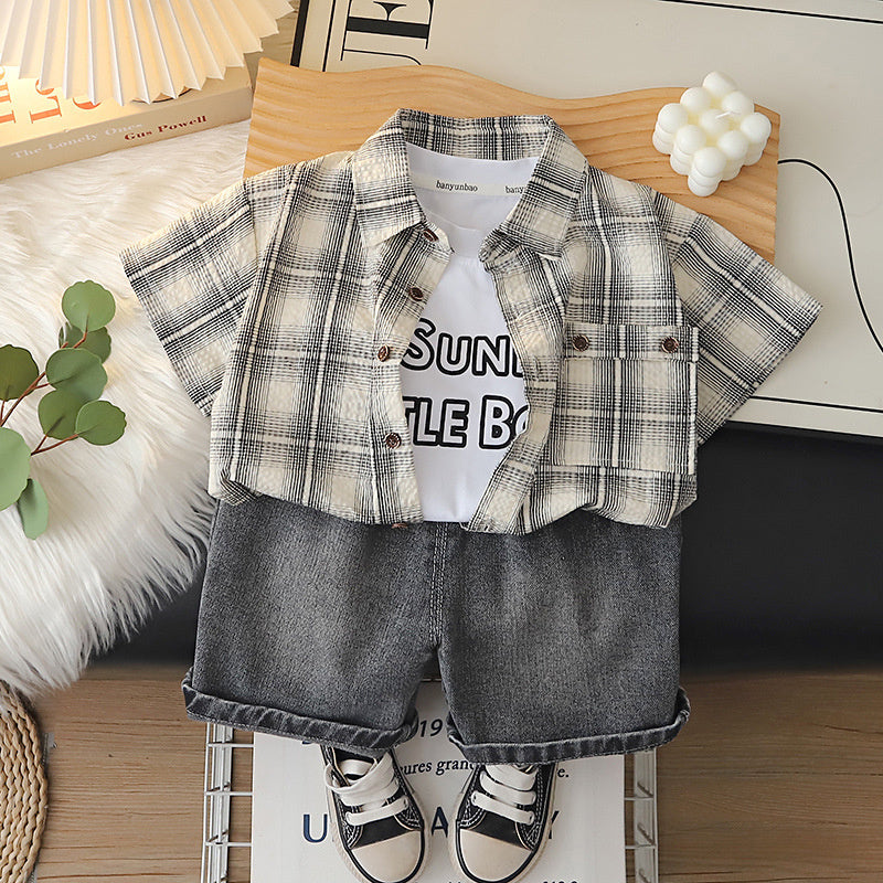 Children's clothing boys, suit 2026 new style, baby summer outfit, plaid short-sleeve shirt, stylish casual wear for boys