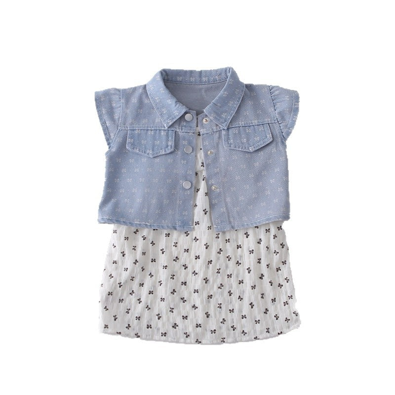 Girls' outfit 2026 new stylish children's short-sleeve bow denim two-piece set baby clothes for summer