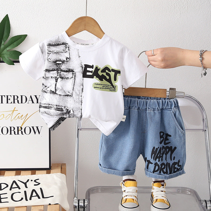 Children's Outfit 2026 Summer New Style Boys' Korean Version Casual Sports Printed Denim Two-Piece Set Short Sleeve Shorts Trendy