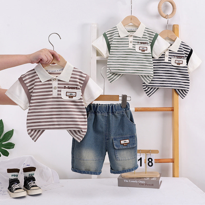 Boys' Outfit 2026 New Style Toddler Striped Pocket Short-Sleeve Polo Shirt Baby Summer Two-Piece Set