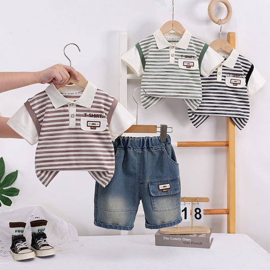 Boys' Outfit 2026 New Style Toddler Striped Pocket Short-Sleeve Polo Shirt Baby Summer Two-Piece Set