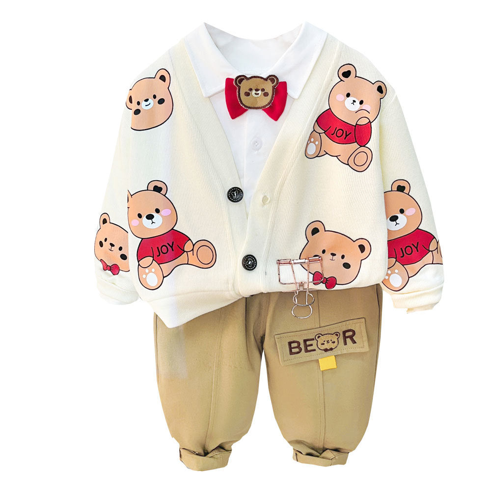 2023 Boys Long Sleeve Handsome Baby Boy Spring and Autumn Cute Bear Cardigan Little Children Three Piece Set